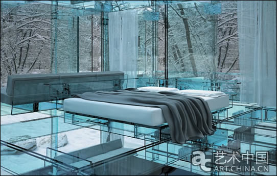 一个惊人的概念设计，一座空灵剔透的玻璃房子，它唯美而简单，像梦境一样不真实，它散发着一切美好的东西。这座很空灵剔透的玻璃房子的创始人是Carlo Santambrogio，他与设计师Ennio Arosio共同为他的玻璃房子设计了一些列标志性的家具，包括：床、沙发、书柜，还有如楼梯和厨房的设计元素。他们所用的材料都是老式的'extraclear'玻璃。