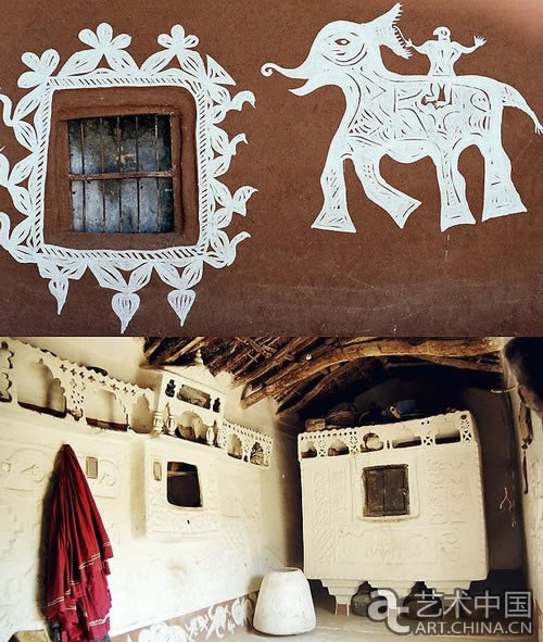ita Wolf Madan Meena的 培育墻 米納婦女的動物藝術。這是作者從拉賈斯坦村村民家庭的墻上看到的非常傳統的繪畫，米納族的婦女會在自己家泥土做的墻壁和地板上刻畫出各種圖騰一般的圖案。這種繪畫通常會根據米納族的各種節日以及季節的變化為題材，每個家庭都會依據傳統把這面墻壁傳給自己的女兒。