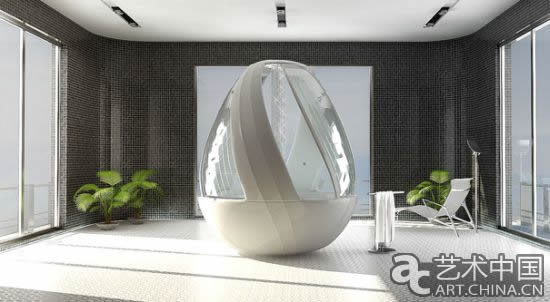 這個像雞蛋一樣的物體竟然是一個淋浴房，當你在關閉的浴室中淋浴的時候，這個蛋形浴室就像一個保護殼。此外，這個浴室還有一個具有按摩功能的浴缸，並設置了非常有氣氛的照明系統。