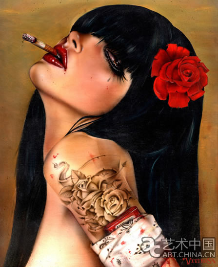 神秘性感的女性，夸张感性的眼睛，她们嘴角的香烟，成为他作品的商标
