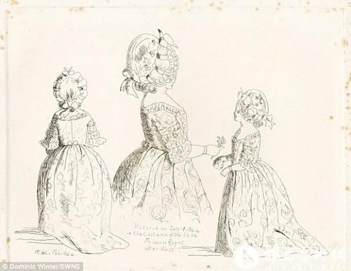 維多利亞女王1844年創作的速寫圖：三位身著華麗盛裝的女人。圖片來源：英國每日郵報