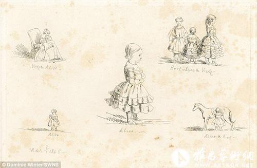 维多利亚女王的小女儿艾莉克斯和她的宠物狗，以及另外三个女儿（右上角）。图片来源：英国每日邮报