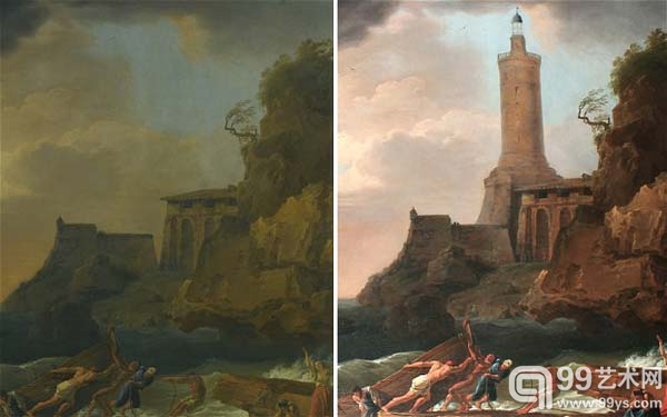 左圖：清洗前的克洛德·約瑟夫·韋爾內的畫作；右圖：清洗後的克洛德·約瑟夫·韋爾內畫作
