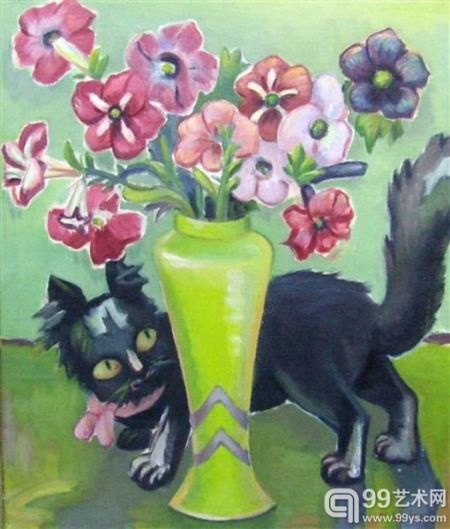玛吉·劳布瑟（Maggie Laubser）的《猫和牵牛花》