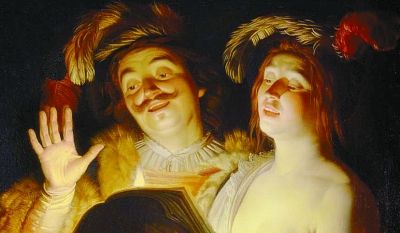 格裏特·范·弘索斯特創作于17世紀的名畫《二重唱》（局部）。