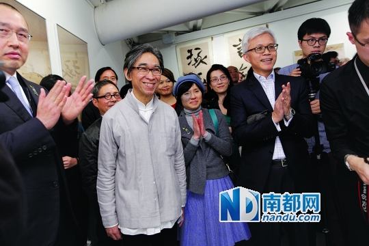 2014年1月18日下午，在香港亚洲协会举办的祝贺汉雅轩三十周年特别活动现场，左起谷文达、张颂仁、王广义、林家如、张晓刚。