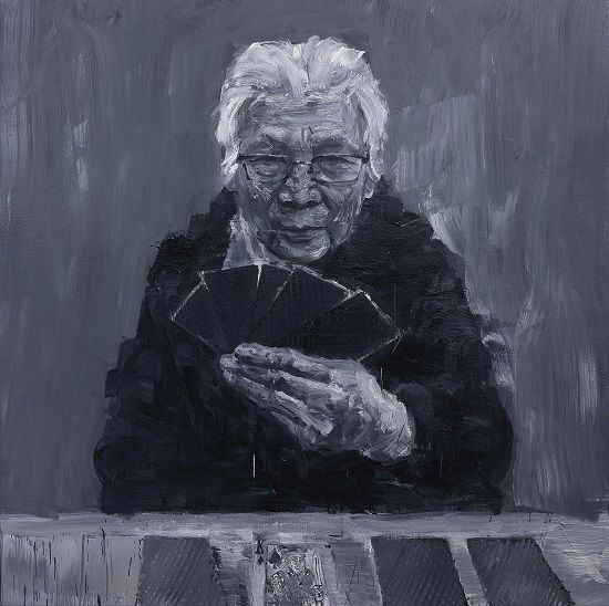 严培明画作：《妈妈的牌·跪着的我》（布面油画，2014）