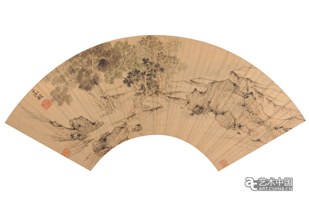 文徵明 林间高士图扇面 设色金笺_古代书画