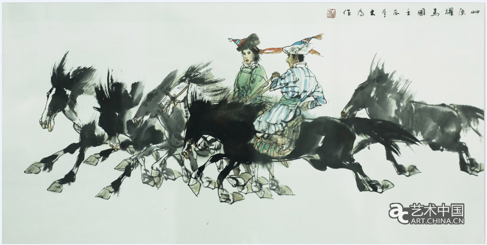 国画《草原越马图》作者刘大为 尺寸136cm x 