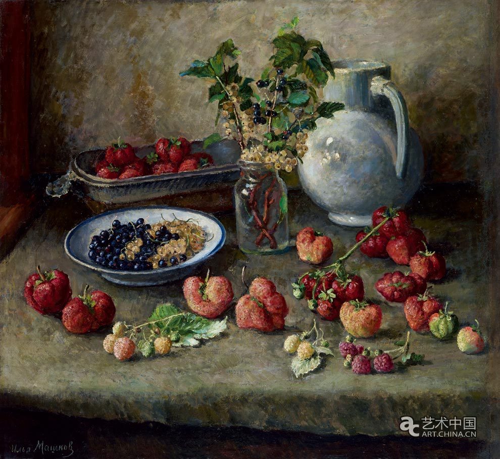 《有草莓和白色高颈罐的静物》-布面油画