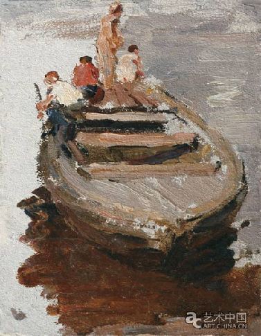 在小船上的孩子们 纸板油画 23.5cm×18cm 1947 