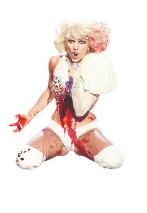 模倣行為藝術家的做法，Lady Gaga在肚子上畫了一道傷口，仿佛要失血而亡。