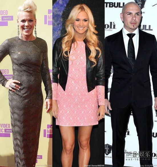 Pink、凯莉·安德伍德、Pitbull（资料图）。