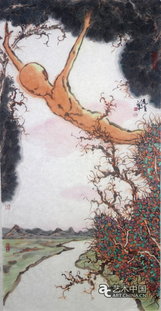 《翔》之六 139X70cm 汪港清2013年 紙本彩墨