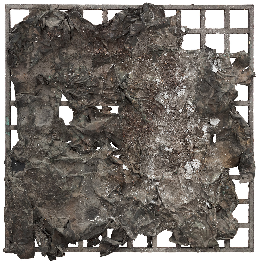 《屏障》三100x100cm--木質構造、宣紙、礦物·植物·土質顏料-、金銀粉、金屬渣--2012年.jpg